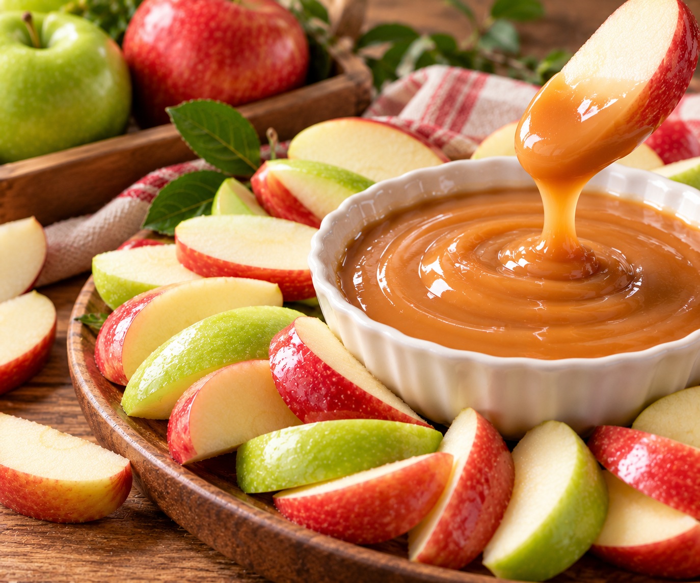 Fresh red and green apple slices surrounding a bowl of creamy golden caramel dipping sauce.